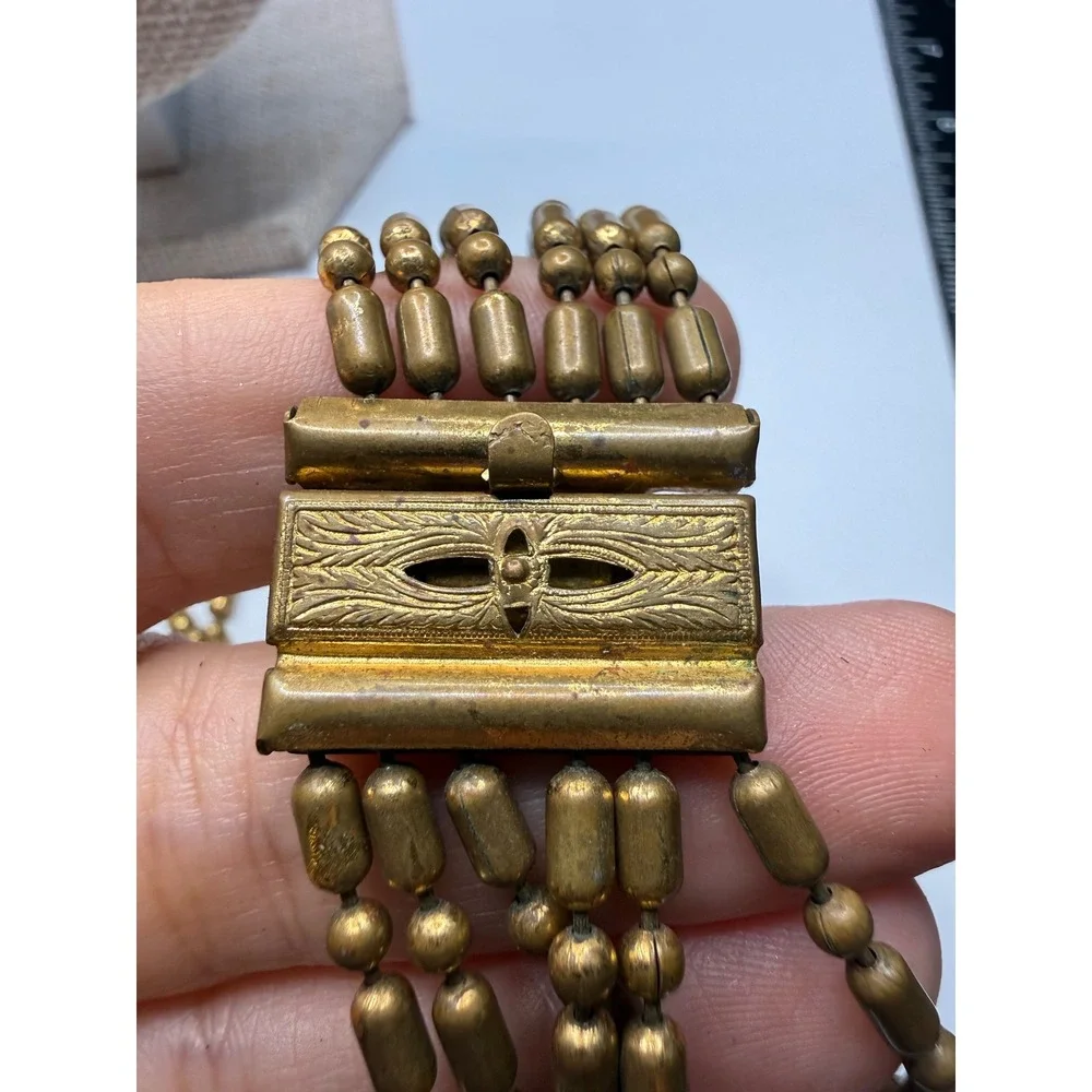 Vintage Multi Strand Brass Bead Necklace 5 Tier Layered Barrel Ball Chain 16in